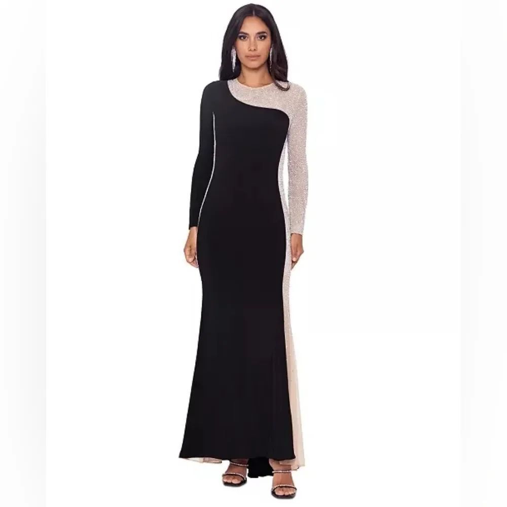 Xscape Caviar Crystal Embellished Jersey Gown Dress